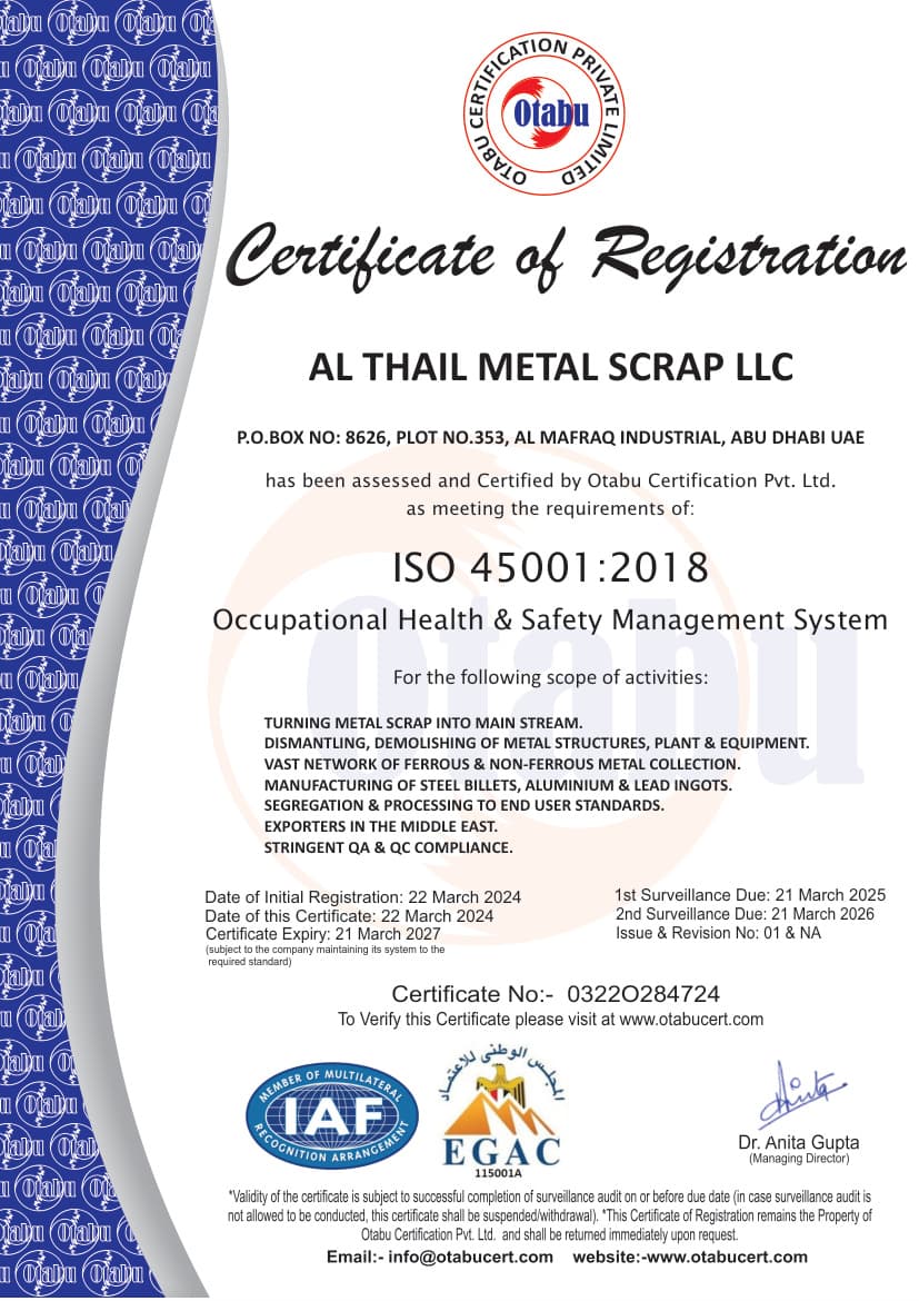 ISO 45001:2018 certificate of registration for Al Thail Metal Scrap LLC