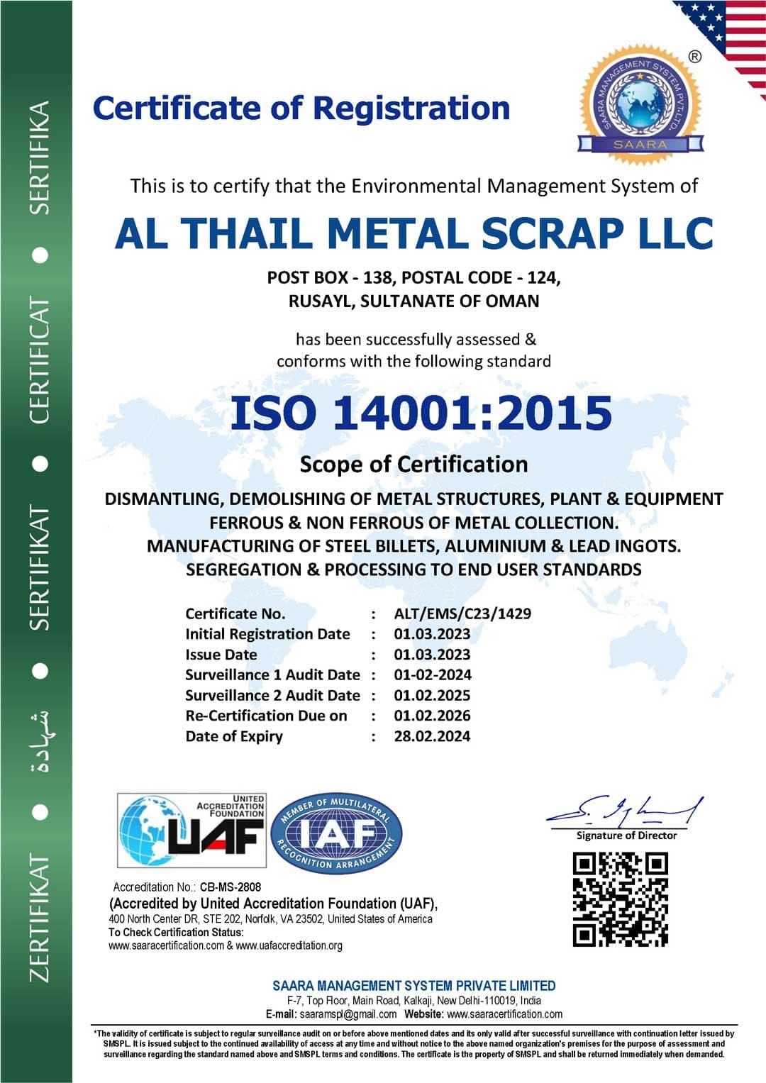 ISO 14001:2015 certificate of registration for Al Thail Metal Scrap LLC