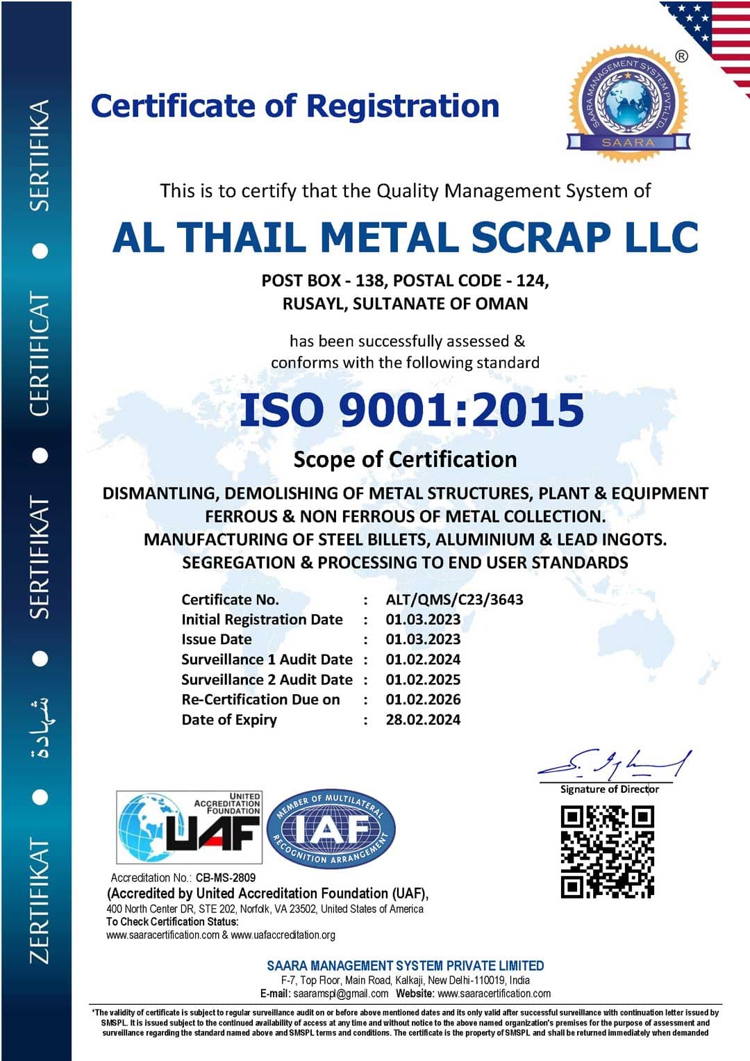 ISO 9001:2015 certificate of registration for Al Thail Metal Scrap LLC