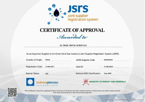 JSRS certificate of approval awarded to Al Thail Metal Scrap LLC